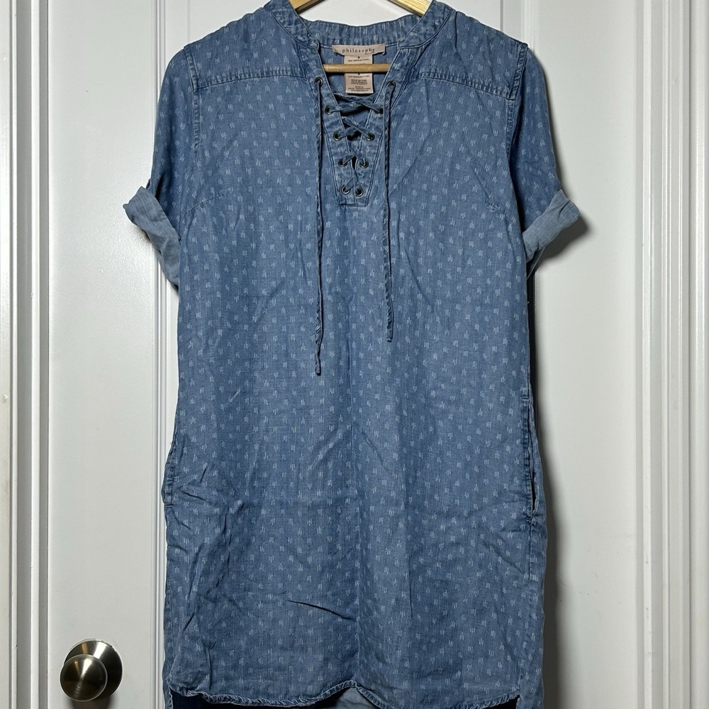 Philosophy TENCEL Lyocell Blue Sun Washed Lace-Up Shirt Dress Cottagecore Style